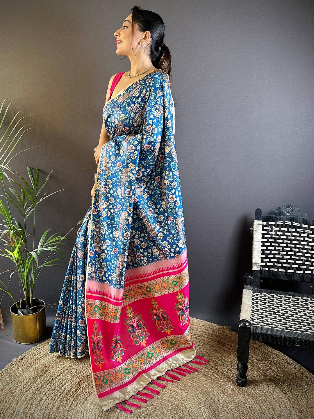 Steel Blue Kalamkari Floral Print Gamthi Saree by My Store