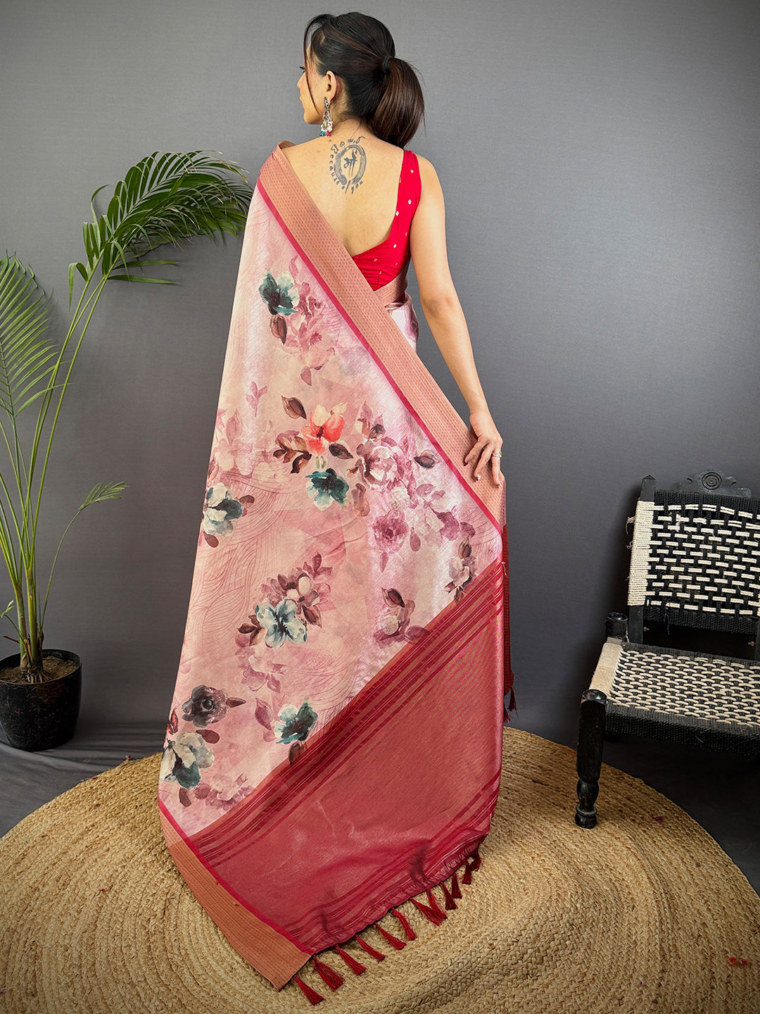 Radiant Pink Tussar Silk Digital Print Saree by My Store