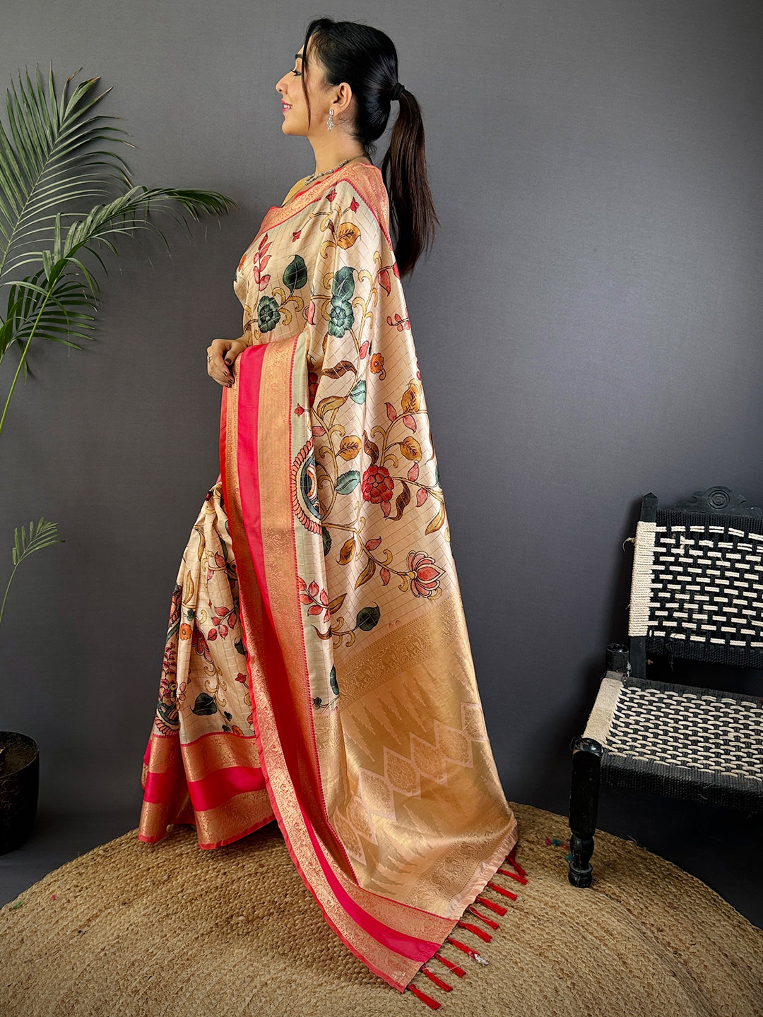 Cream Soft Silk Gadwal Kalamkari Saree by My Store