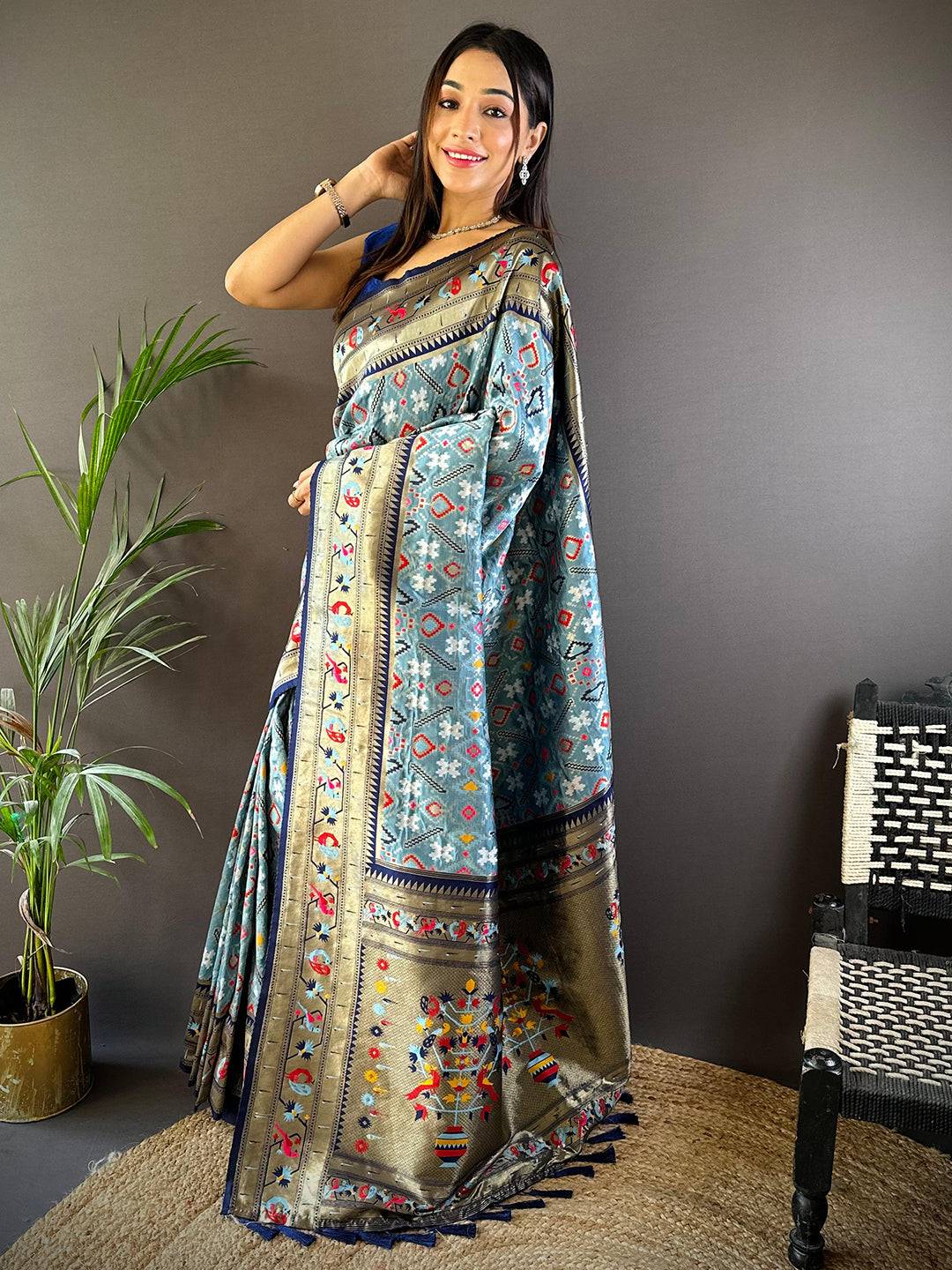 Sky Blue Patola Silk Zari Weaving Saree by My Store
