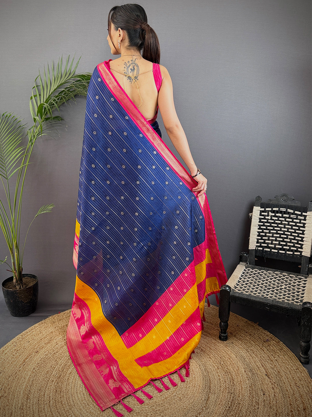 Royal Blue Soft Dola Silk Striped Print Saree by My Store