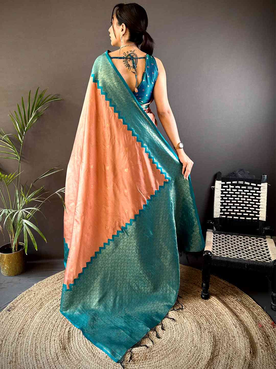 Peach Soft Katan Silk Saree by My Store