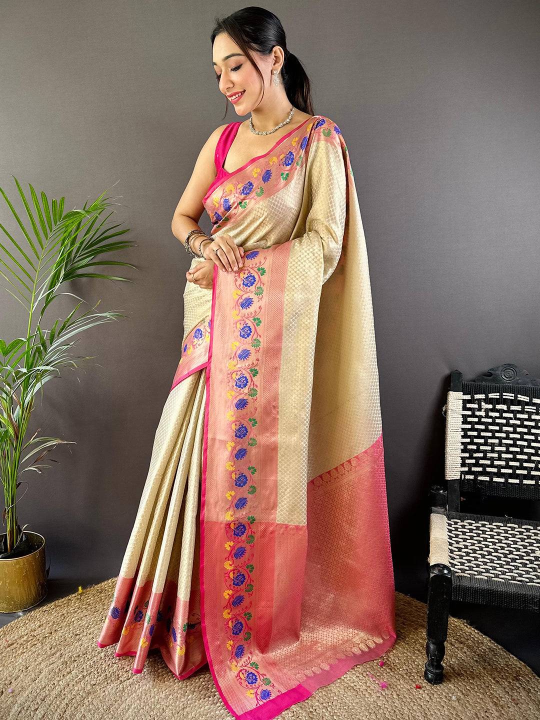 Radiant Floral Banarasi Kora Silk Saree by My Store