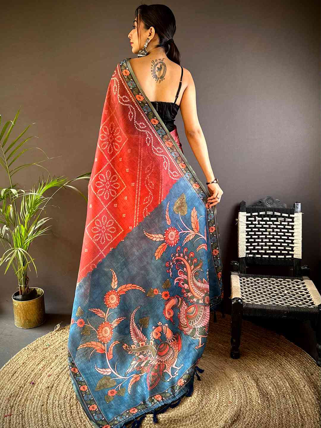 Red Tissue Bandhej Kalamkari Saree by My Store