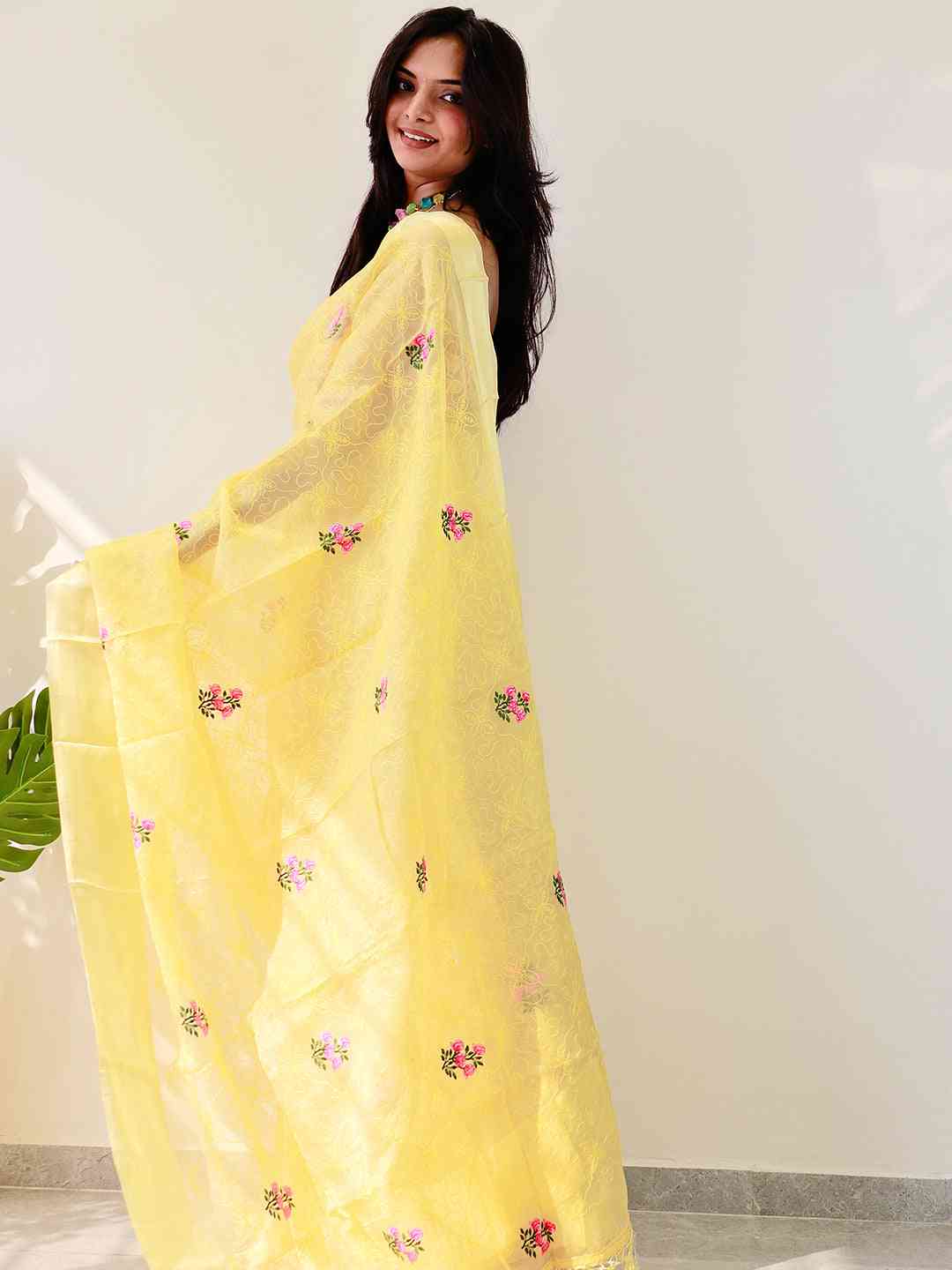 Soft Chiffon Satin Saree With Flower Embroidered Work by My Store
