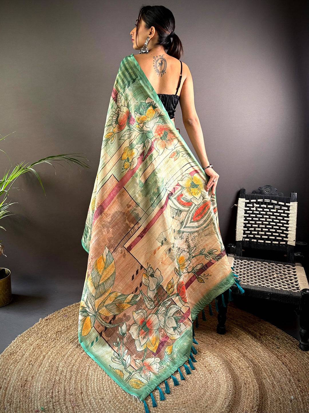 Steel Blue Tussar Silk Lush Botanical Prints Saree by My Store
