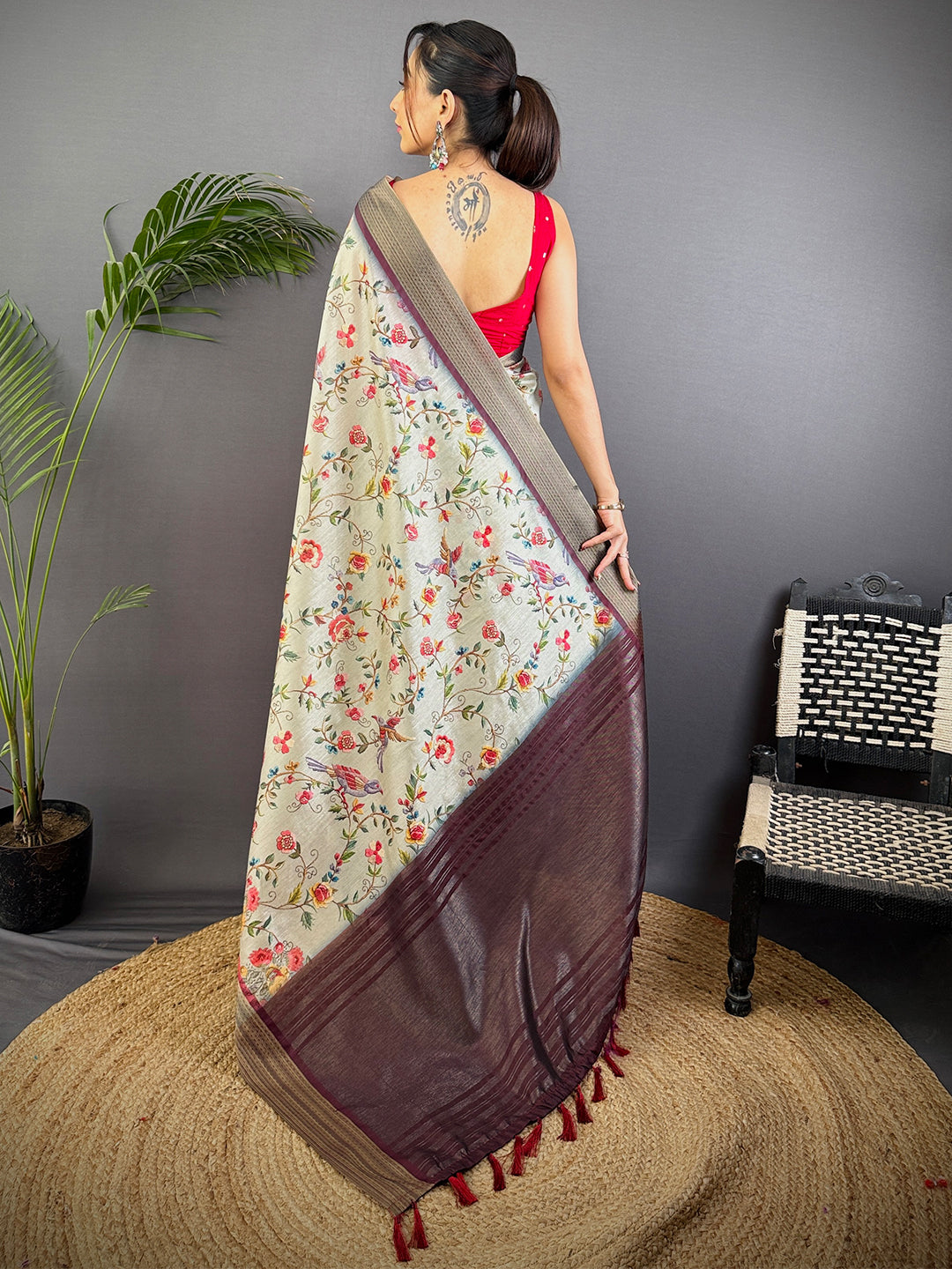 Grey Tussar Silk Digital Print Saree by My Store