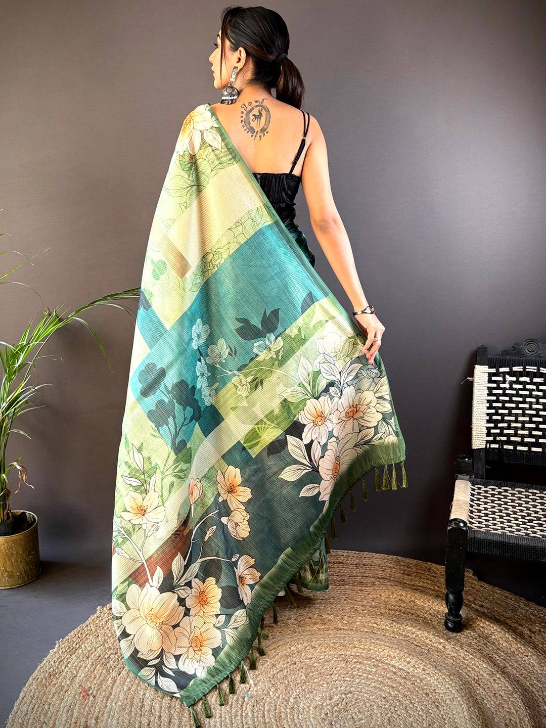 Pista Semi-Gold Zari Abstract Tussar Saree by My Store