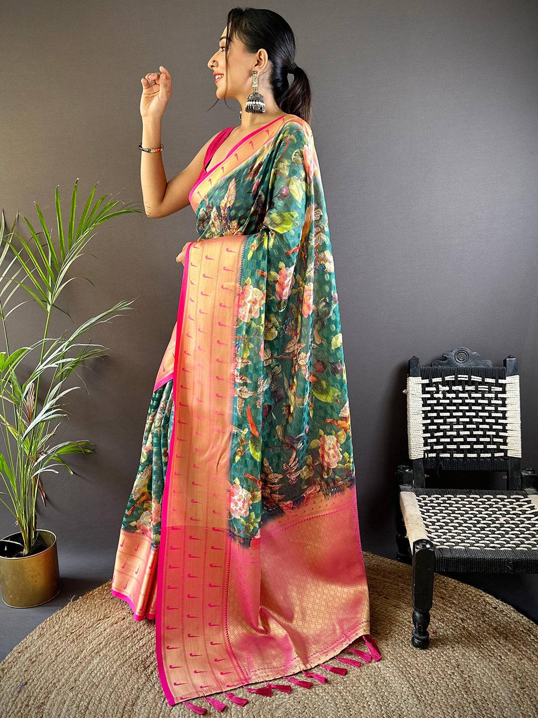 Teal Paithani Kora Silk Saree by My Store