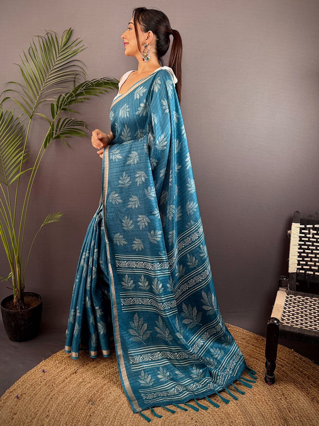 Teal Blue Leaf Print Ghicha Handloom Saree by My Store
