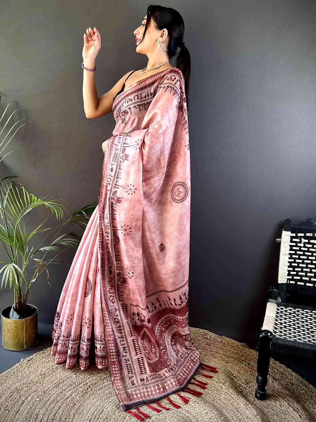 Dusty Rose Warli Print Tissue Chanderi Saree by My Store