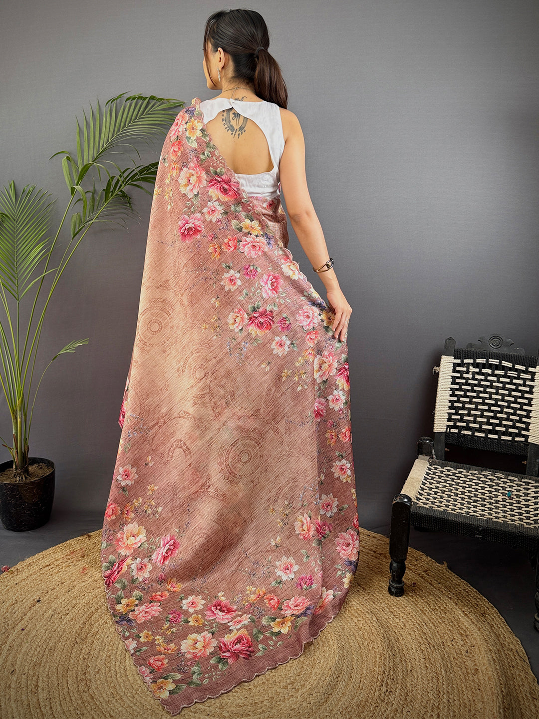 Light Brown Kota Doriya Floral Cut Work Saree by My Store