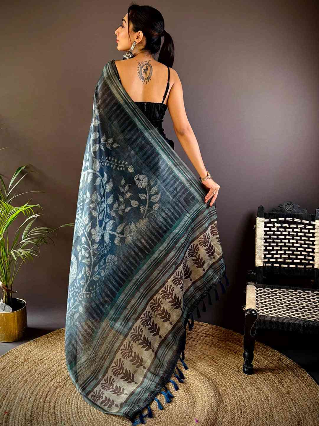 Deep Teal Floral Stripes Tissue Saree by My Store