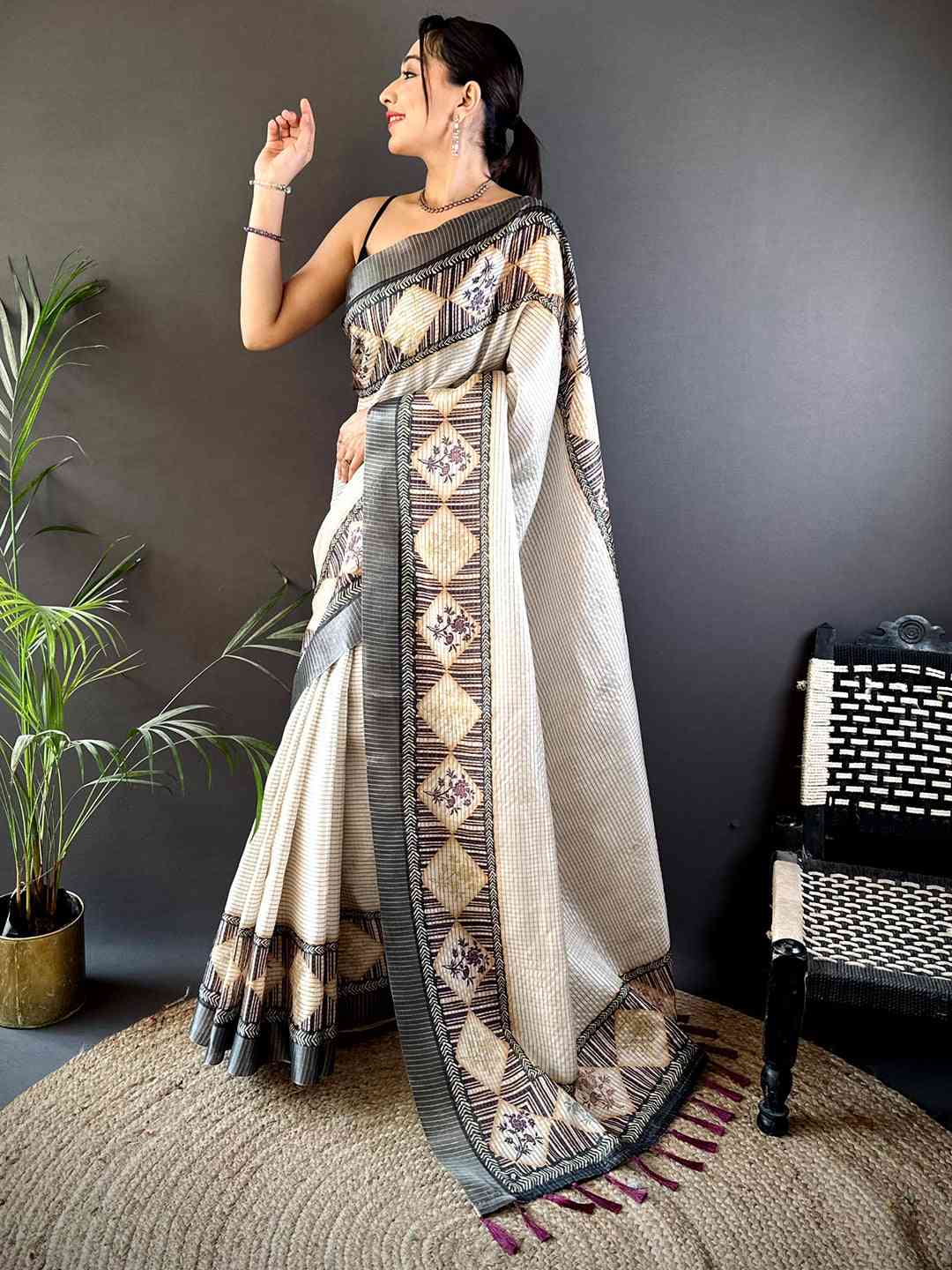 Grey Soft Silk Floral Digital Saree by My Store