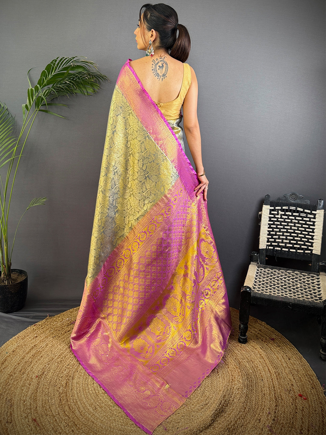 Grey Golden Threadwork Dharmavaram Saree by My Store