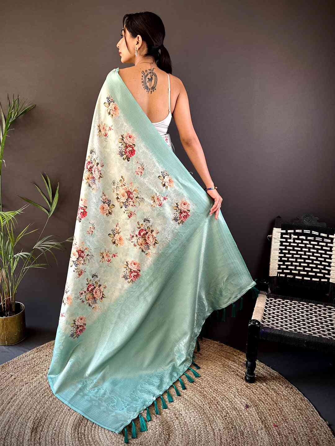 Mint Green Kanjivaram Digital Silk Saree by My Store