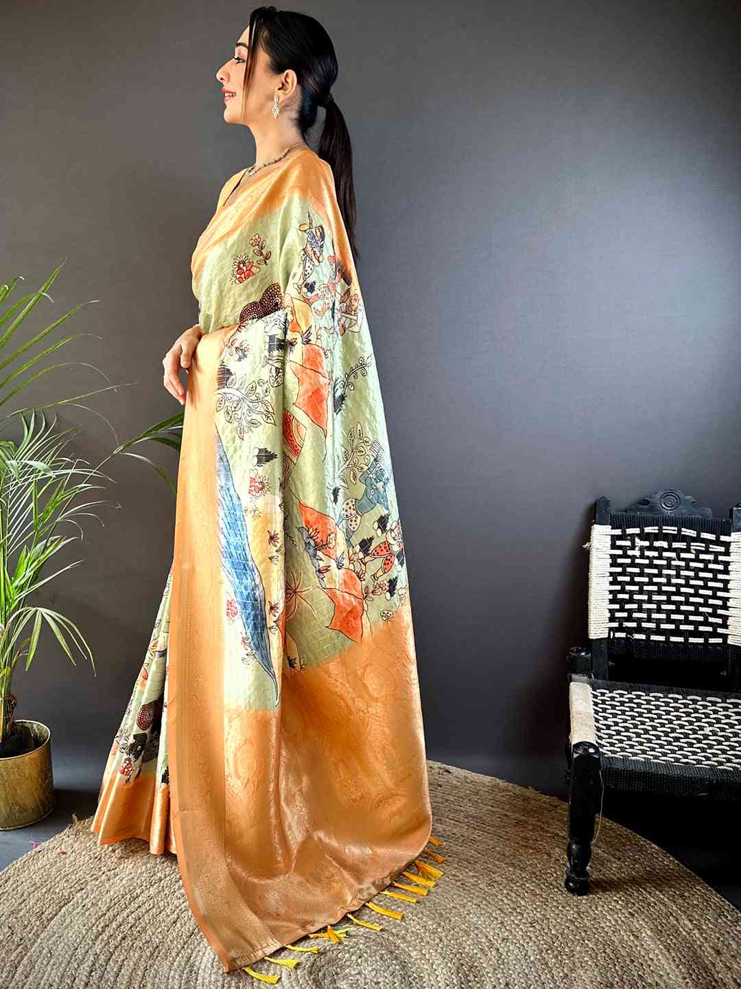 Pista Soft Silk Gold Zari Kalamkari Chex Saree by My Store