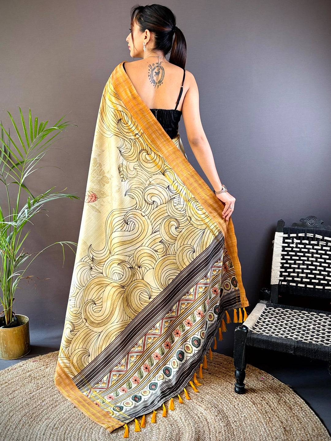 Olive Soft Silk Ocean Wave Patterns Saree by My Store