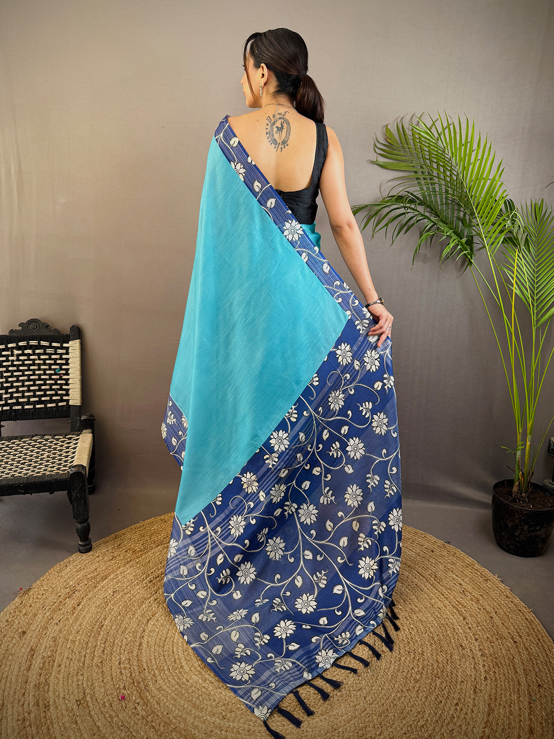 Sky Blue Linen Kalamkari Print Saree by My Store