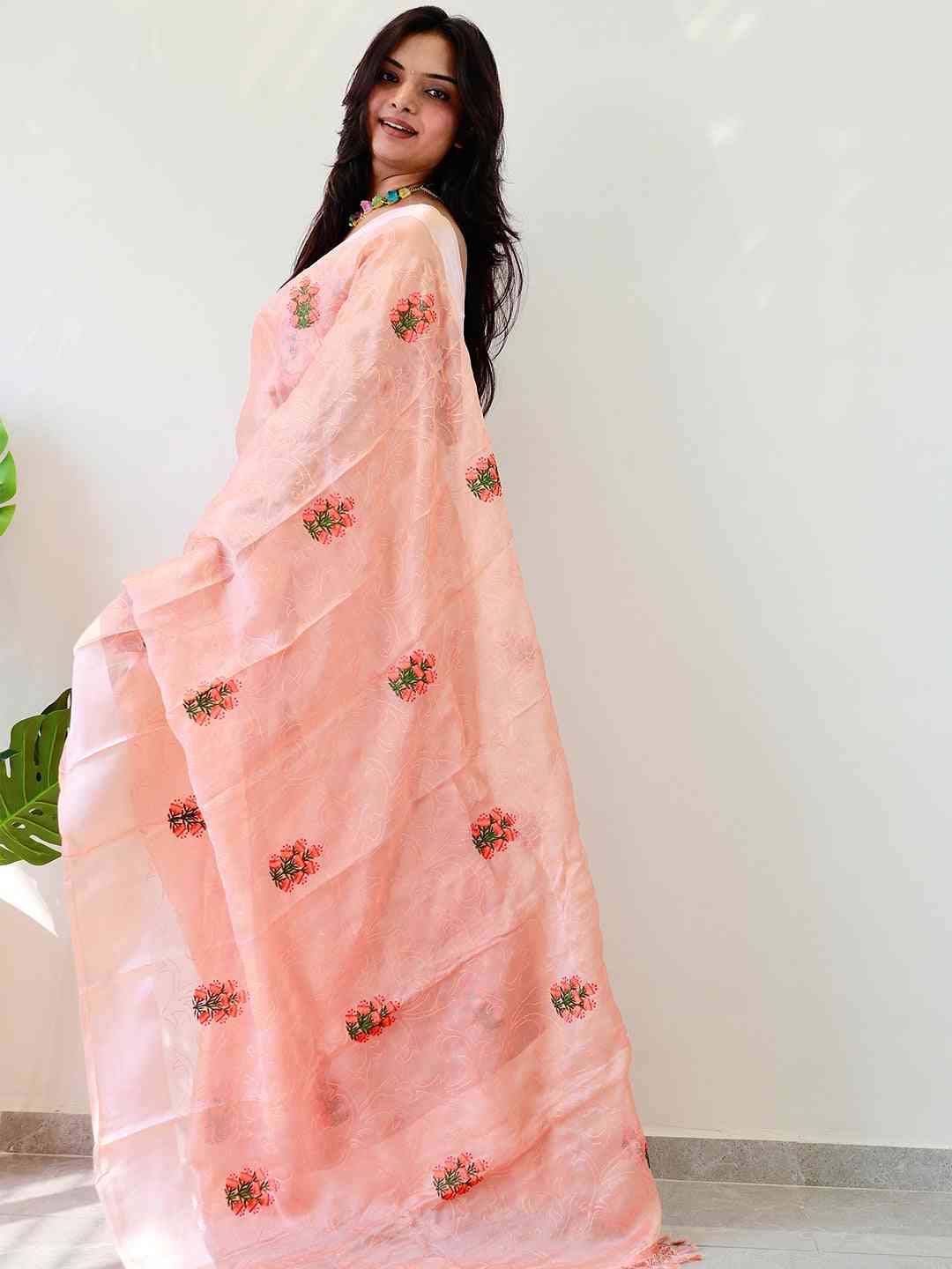 Soft Chiffon Satin Saree With Flower Embroidered Work by My Store