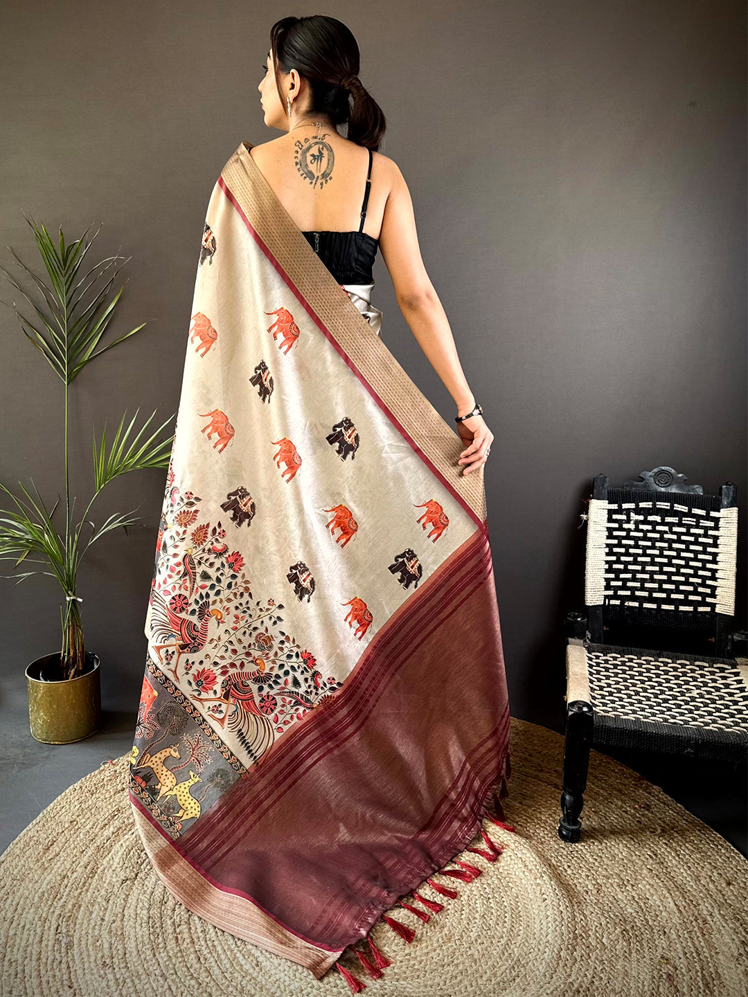 Ivory Digital Kalamkari Printed Tussar Silk Saree by My Store