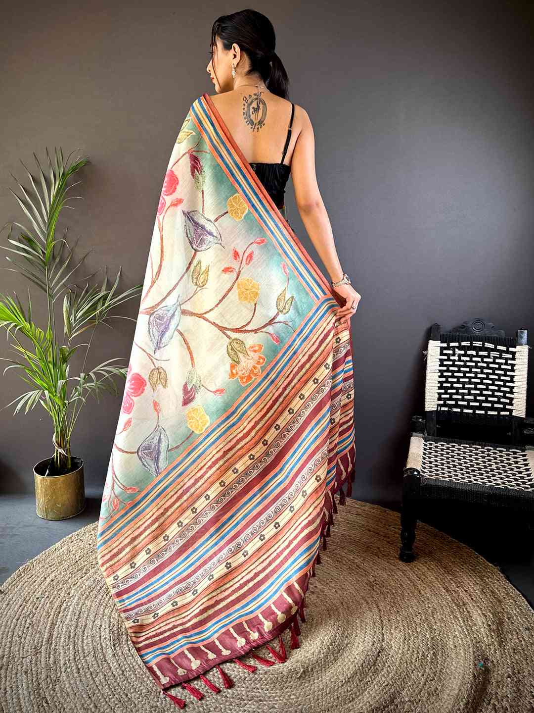 Floral Breeze Blue Chanderi Saree by My Store