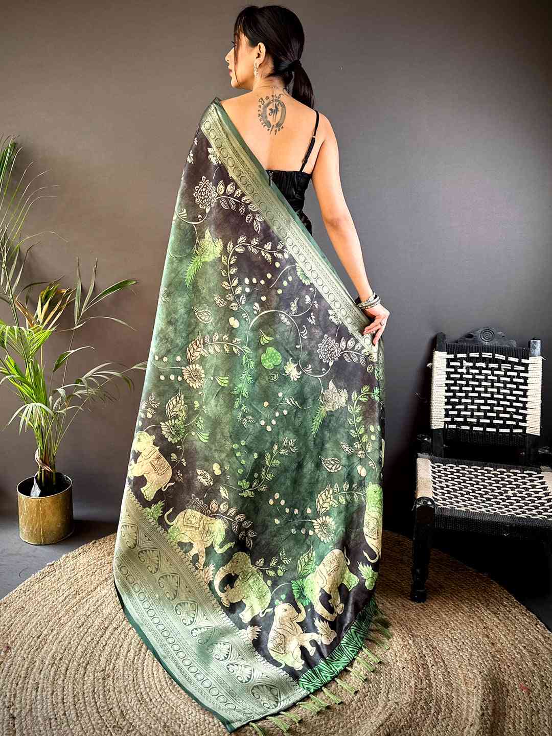 Green Soft Silk Animal Bandhej Saree by My Store