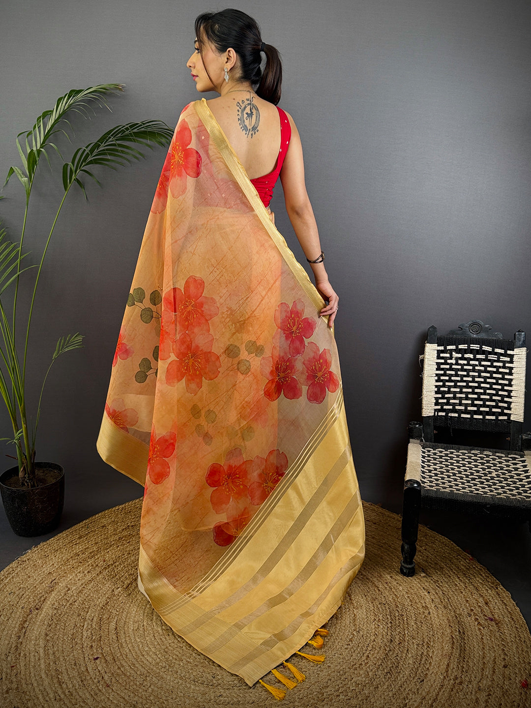 Peach Soft Organza Digital Print Saree by My Store