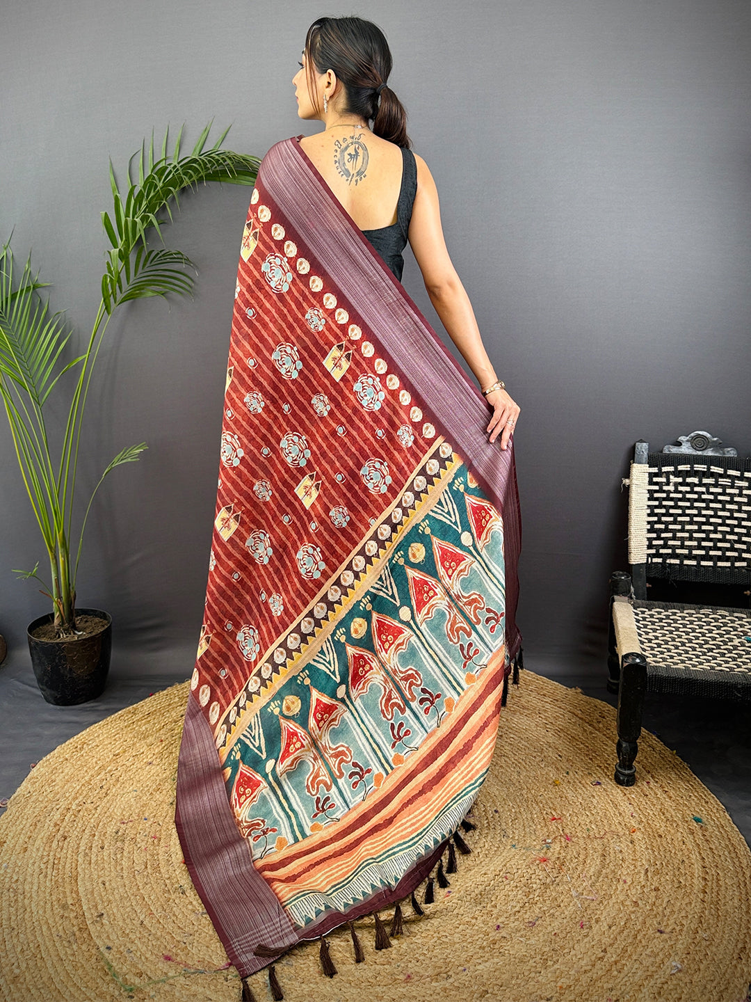 Red Linen Block Kalamkari Print Saree by My Store