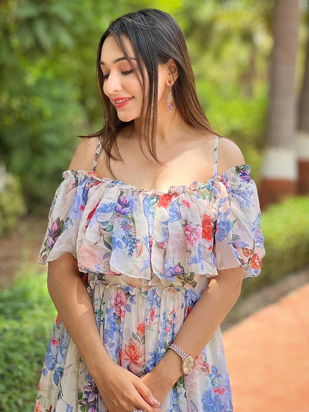 Creamy Off-White Forest Maxi Dress by My Store