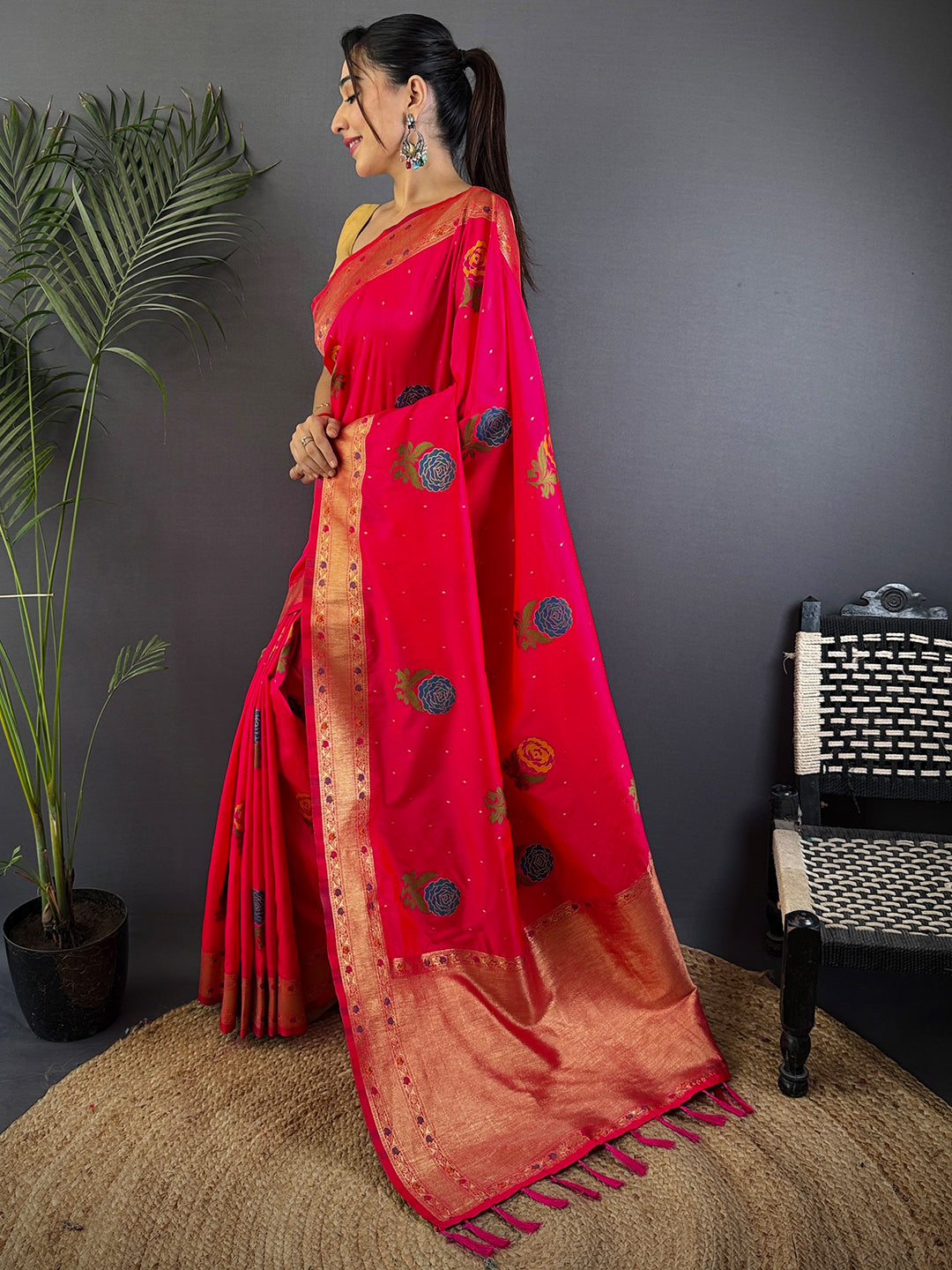 Pink Soft Silk Flowerport Minakari Saree by My Store