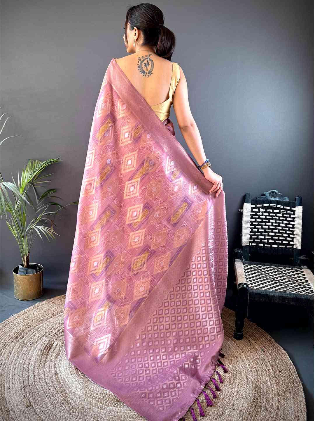 Blush Pink Banarasi Silk Katan Geometric Saree