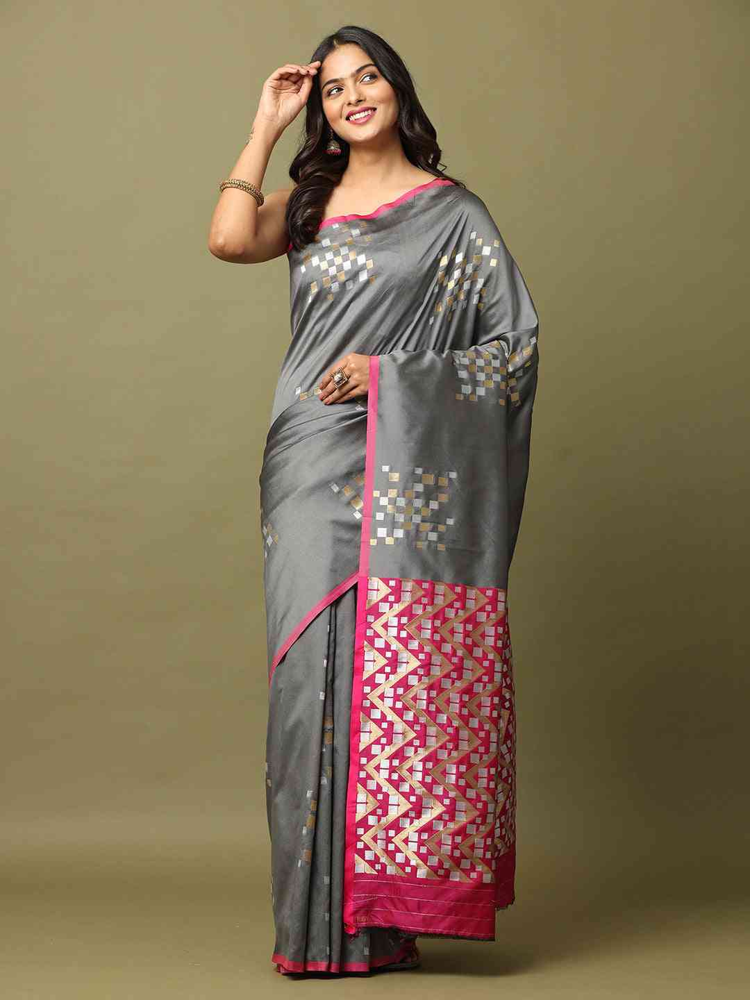 Grey Banarasi Soft Silk Kanchi Zari Weaving Saree