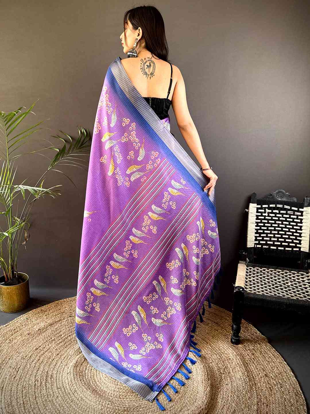 Lavender Chanderi Check Sparrow Print Saree by My Store