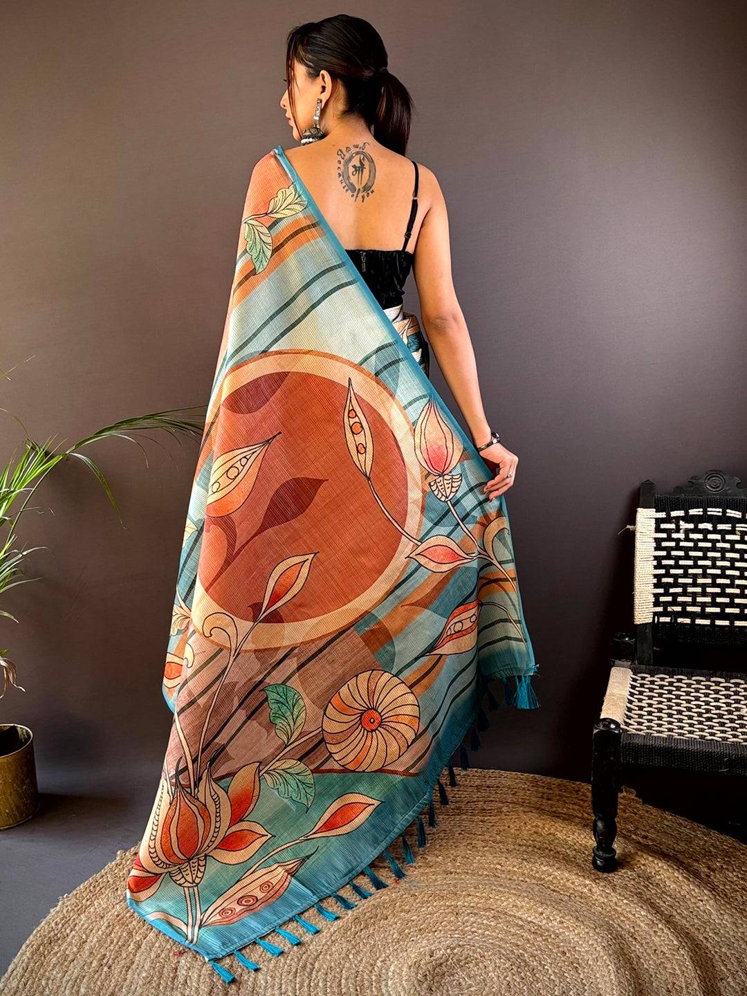 Teal Zari Tussar Printed Saree