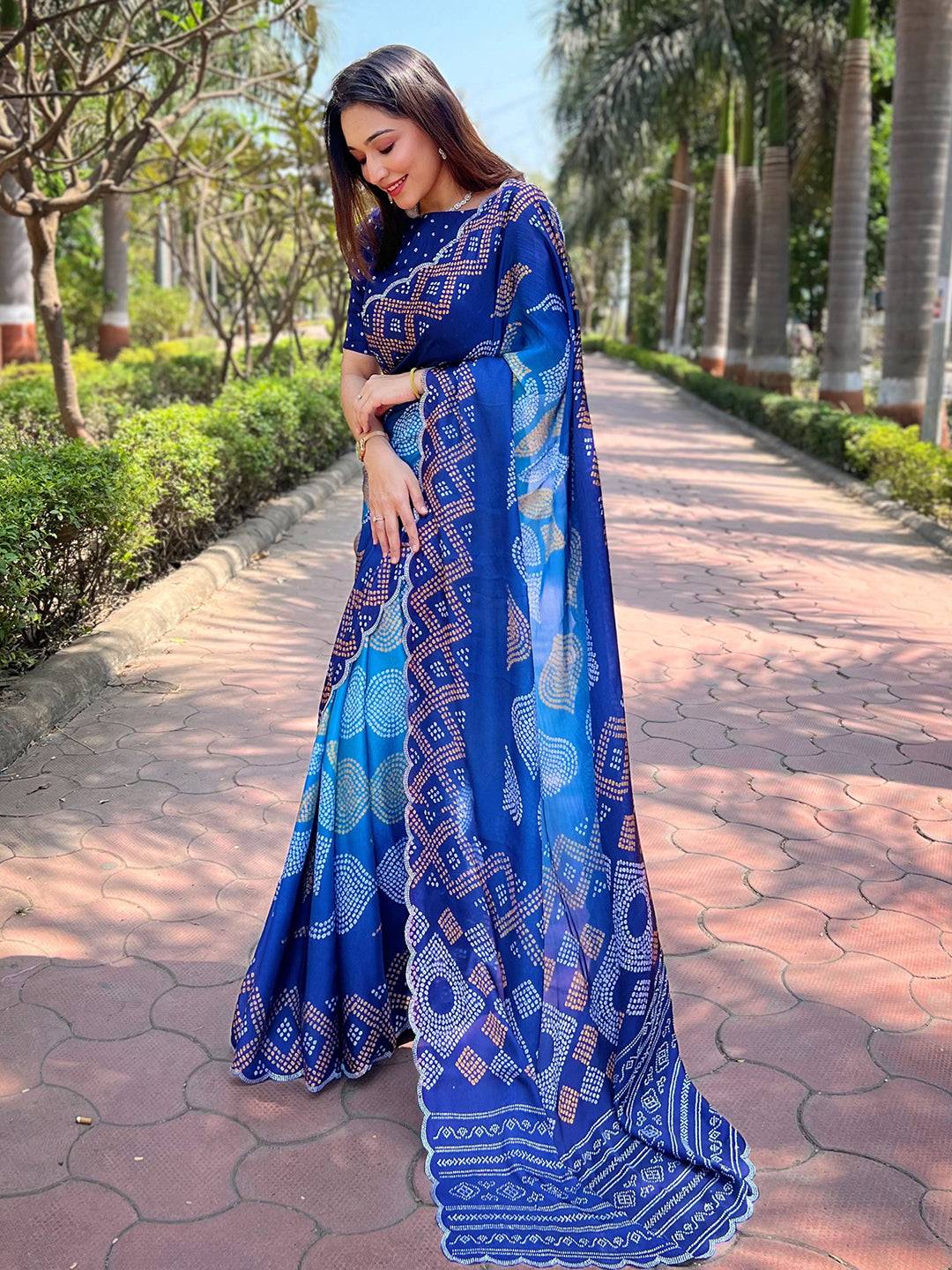 Blue Georgette Silk Saree with Ombre Bandhej Print & Swaroski Stone Work