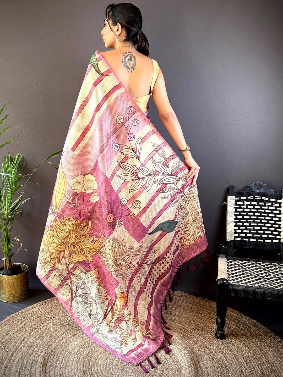 Burgundy Tussar Silk Floral Prints Saree by My Store