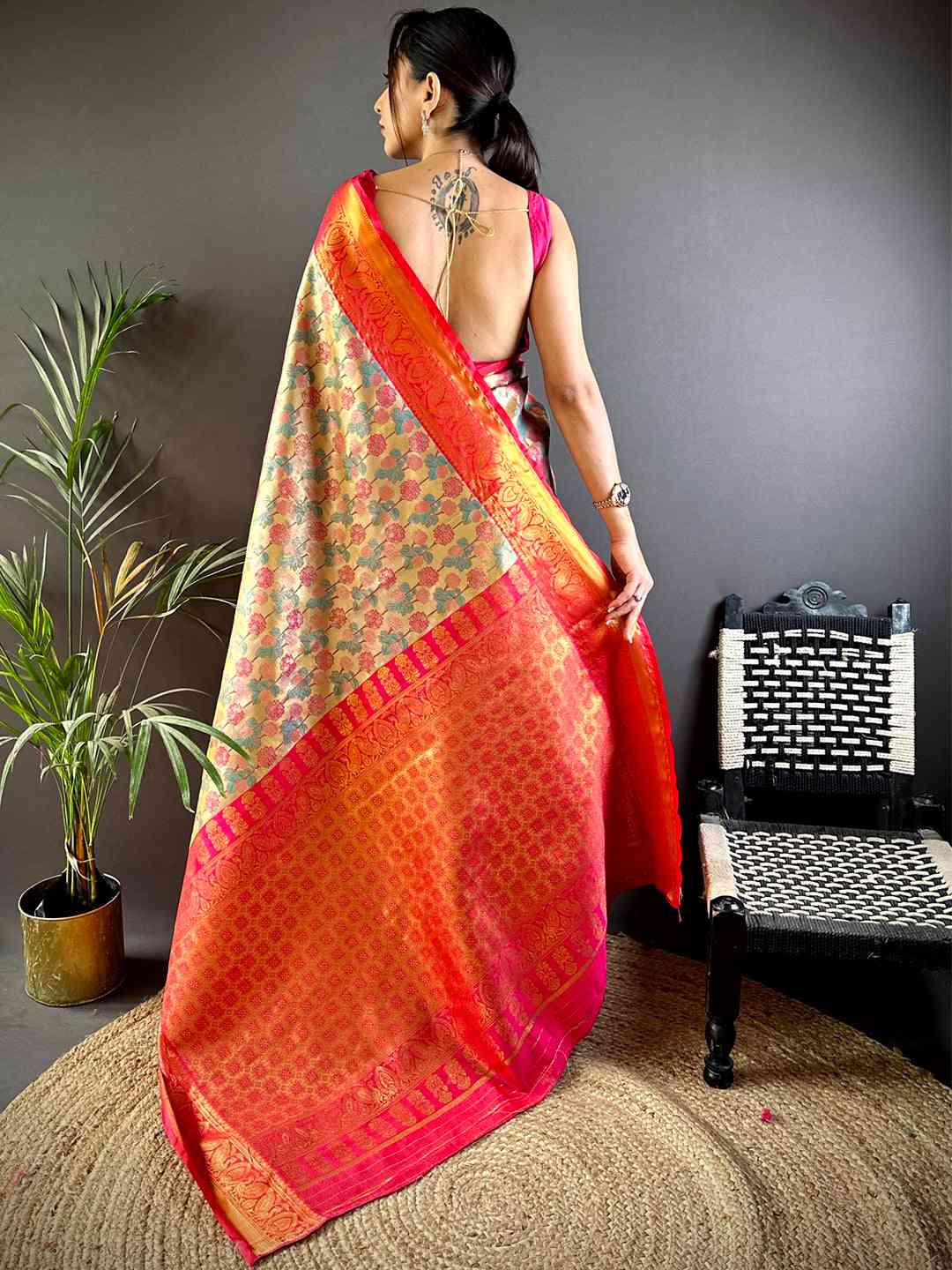 Royal Rani Pink Floral Dharmavaram Silk Saree by My Store