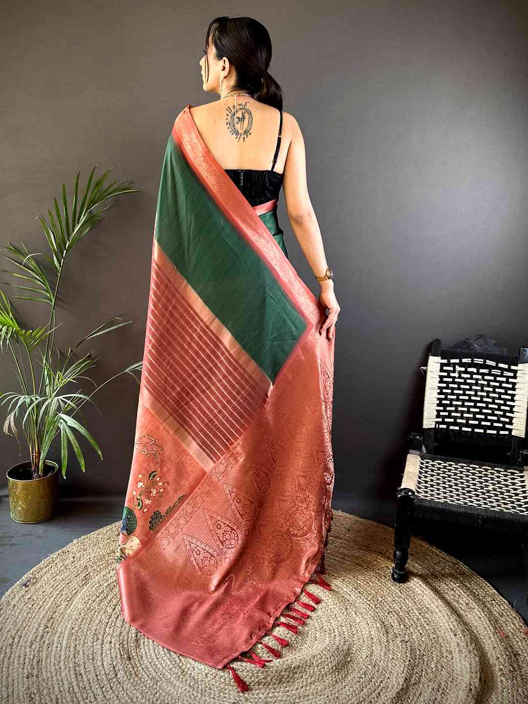 Green Soft Silk Placement Digital Print Saree by My Store