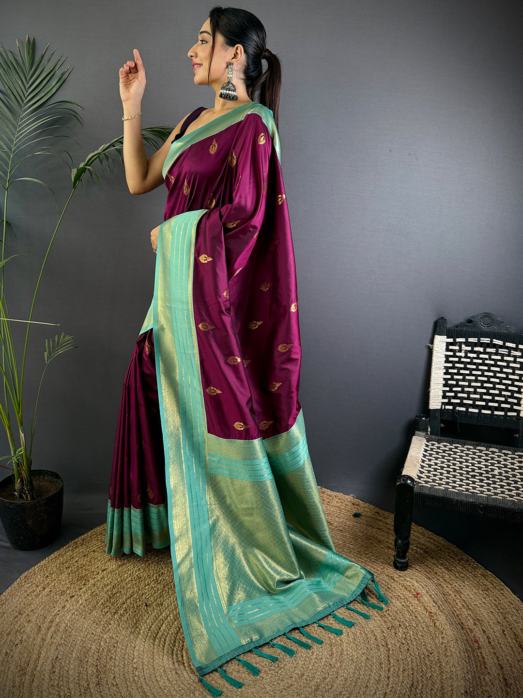 Royal Wine Soft Silk Tilak Butti Saree by My Store