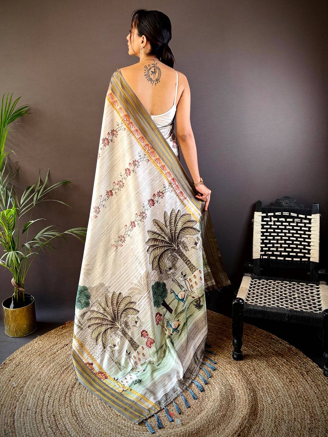Elegant Soft Silk White Pichwai Prints Saree by My Store