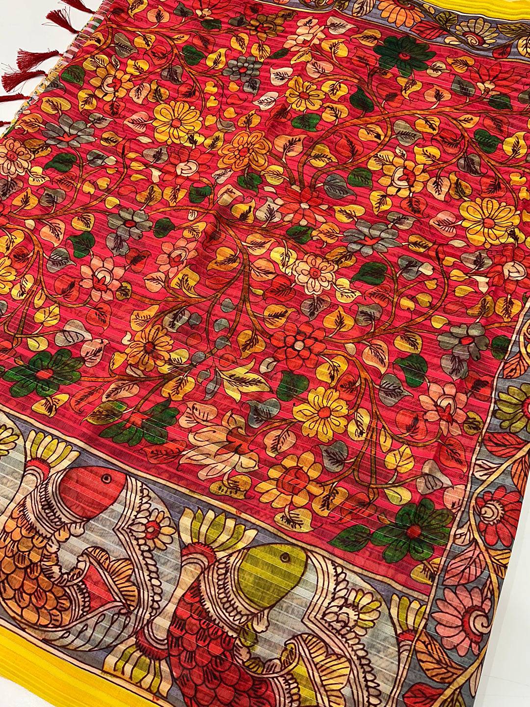Rose Red Pen Kalamkari Linen Saree by My Store