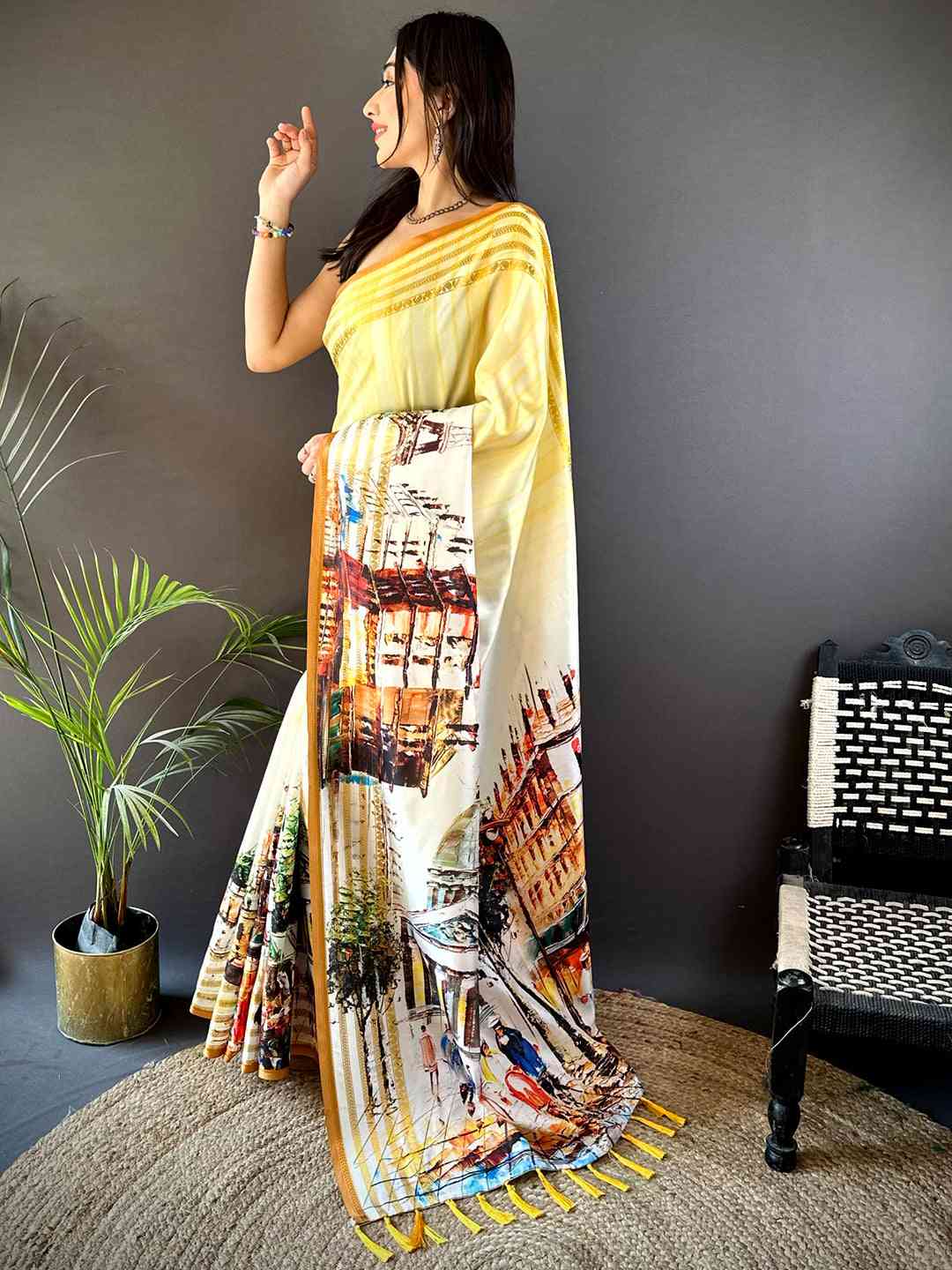Lime Yellow Japanese Freehand Digital Print Saree by My Store
