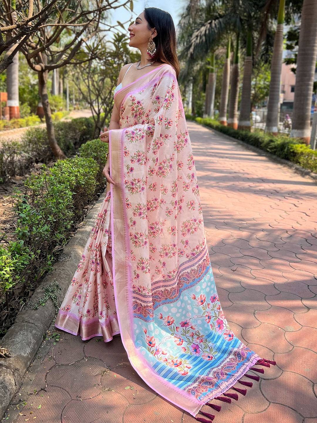 Peach Kota With Digital Floral Printed Saree by My Store