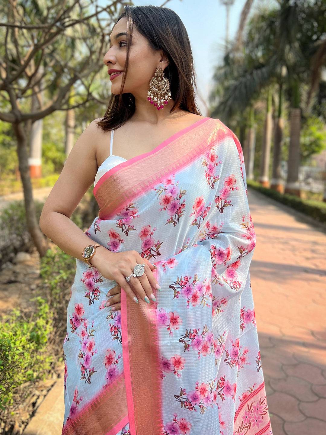 Light Blue Kota With Digital Floral Printed Saree by My Store