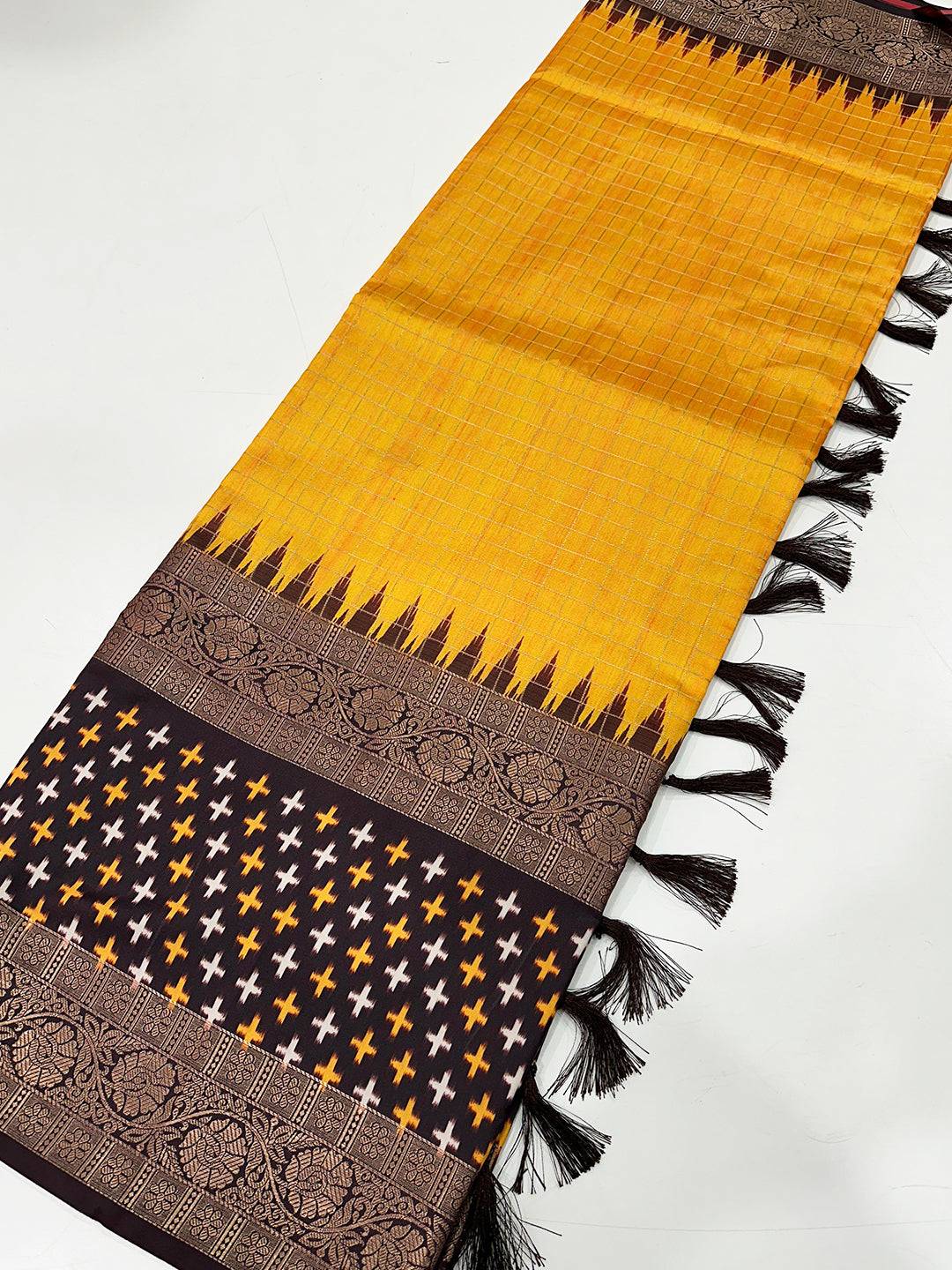 Yellow Chex Ikkat Saree With Double Border