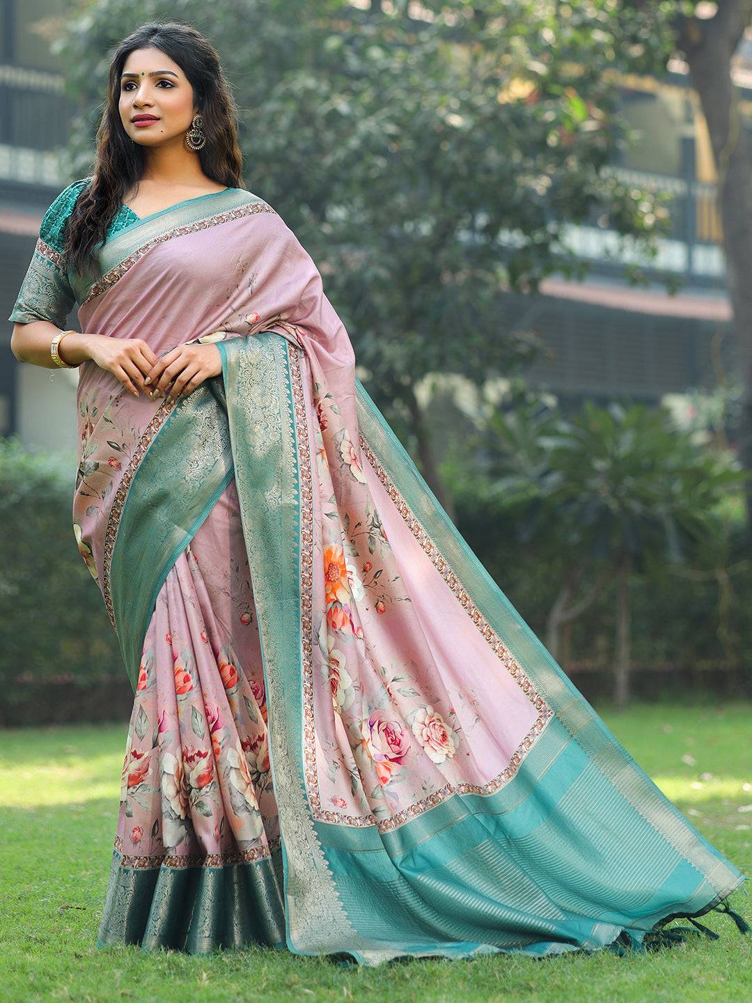 Light Pink Colour Phulkari Design Zari Weaving Pallu Saree - Luxe by My Store