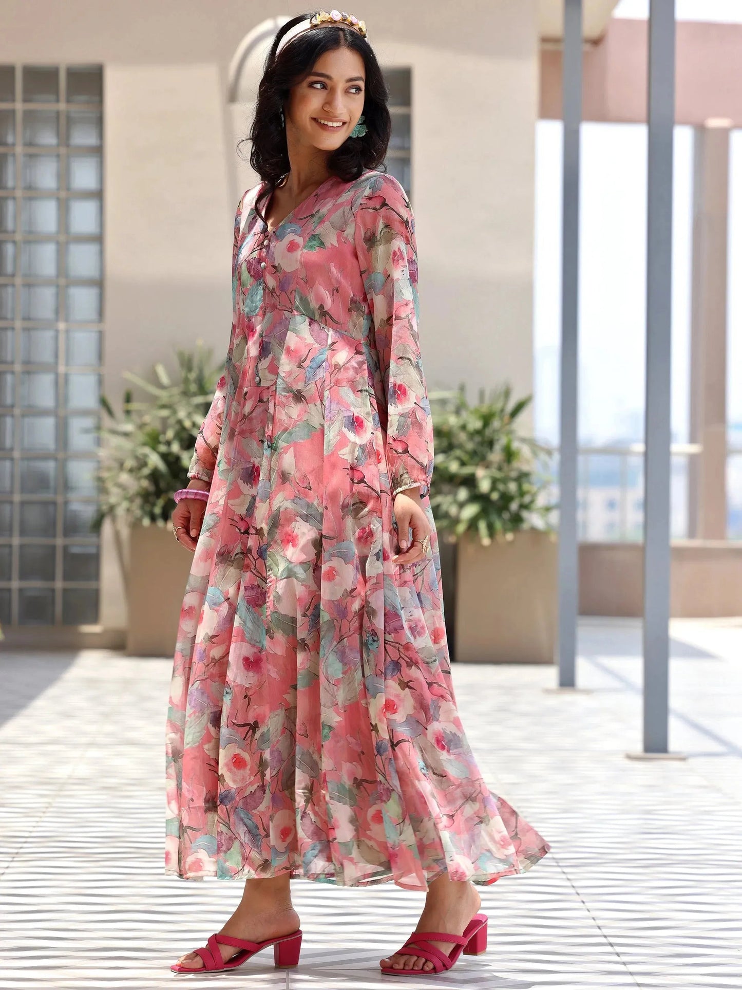 Pink Printed Chiffon A-Line Dress by My Store