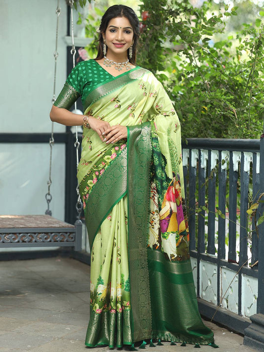 Pichwai Print Zari Weaving Pallu Saree In Light Green Colour - Luxe by My Store