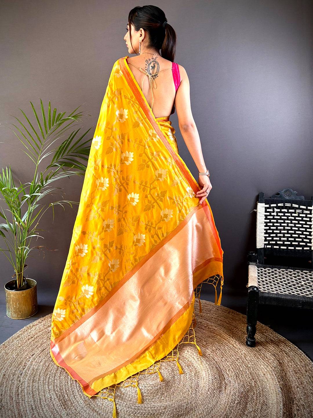 Soft Silk Geometric Floral Printed Saree by My Store